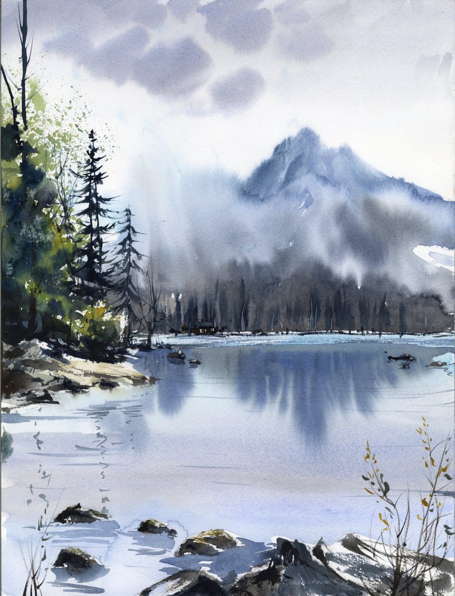 Impressionistic Landscape Watercolour By Eugenia Gorbacheva, 12 X 16, Mountain Lake #21, Original Artwork