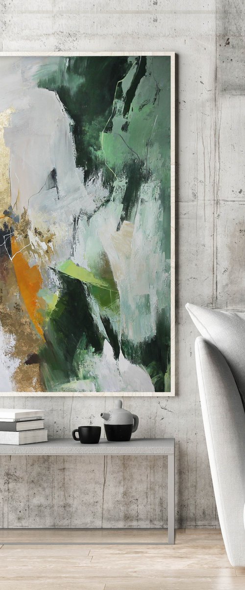 "Green Glory" Green gold abstract acrylic art by Yana Sagan