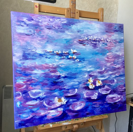 Water Lilies  (81x 66 cm ) inspired by Claude Monet  sunrise in a garden in purple, turquoise, blue sky