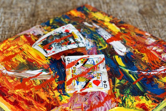 Original Colorful Abstract Painting with Playing Cards.