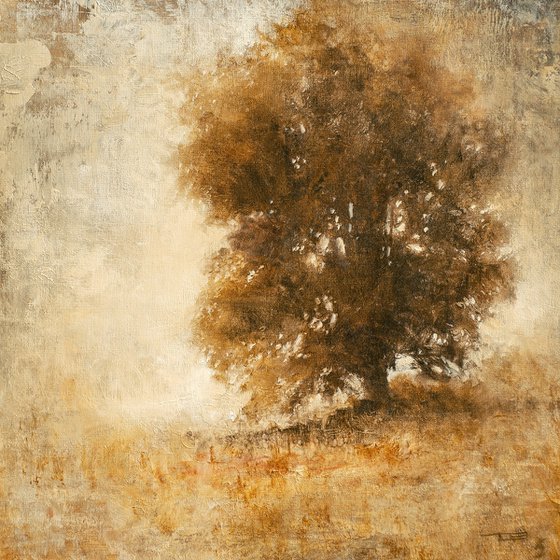 Misty Oak Tree 220819, Tonal tree impressionist oil painting