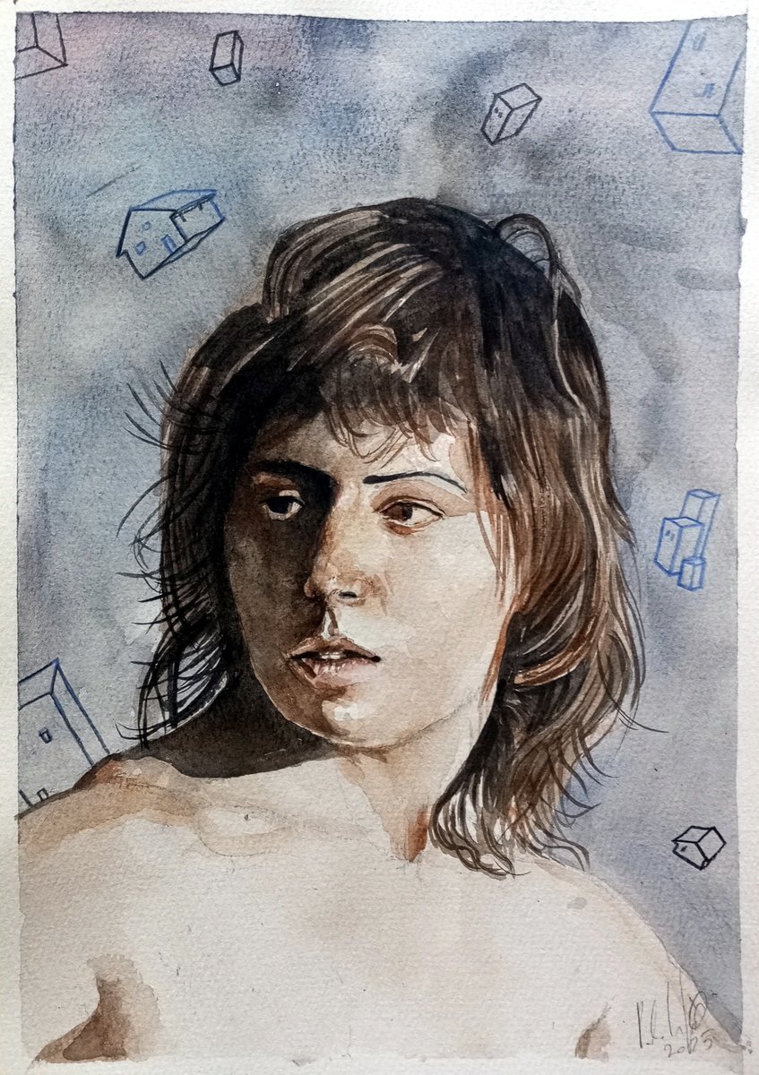 Illustrative Portrait Drawing By Paolo Beneforti, 8 X 12", Woman And Houses, Original Artwork