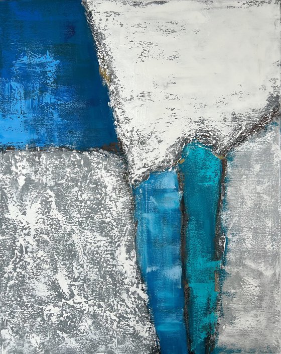 Turquoise vertical abstraction. White blue wall art.