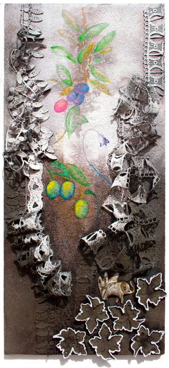 Organic Abstract Painting By Milena Nicosia, 17 X 28", Detriti N.5, I Frutti, Original Artwork