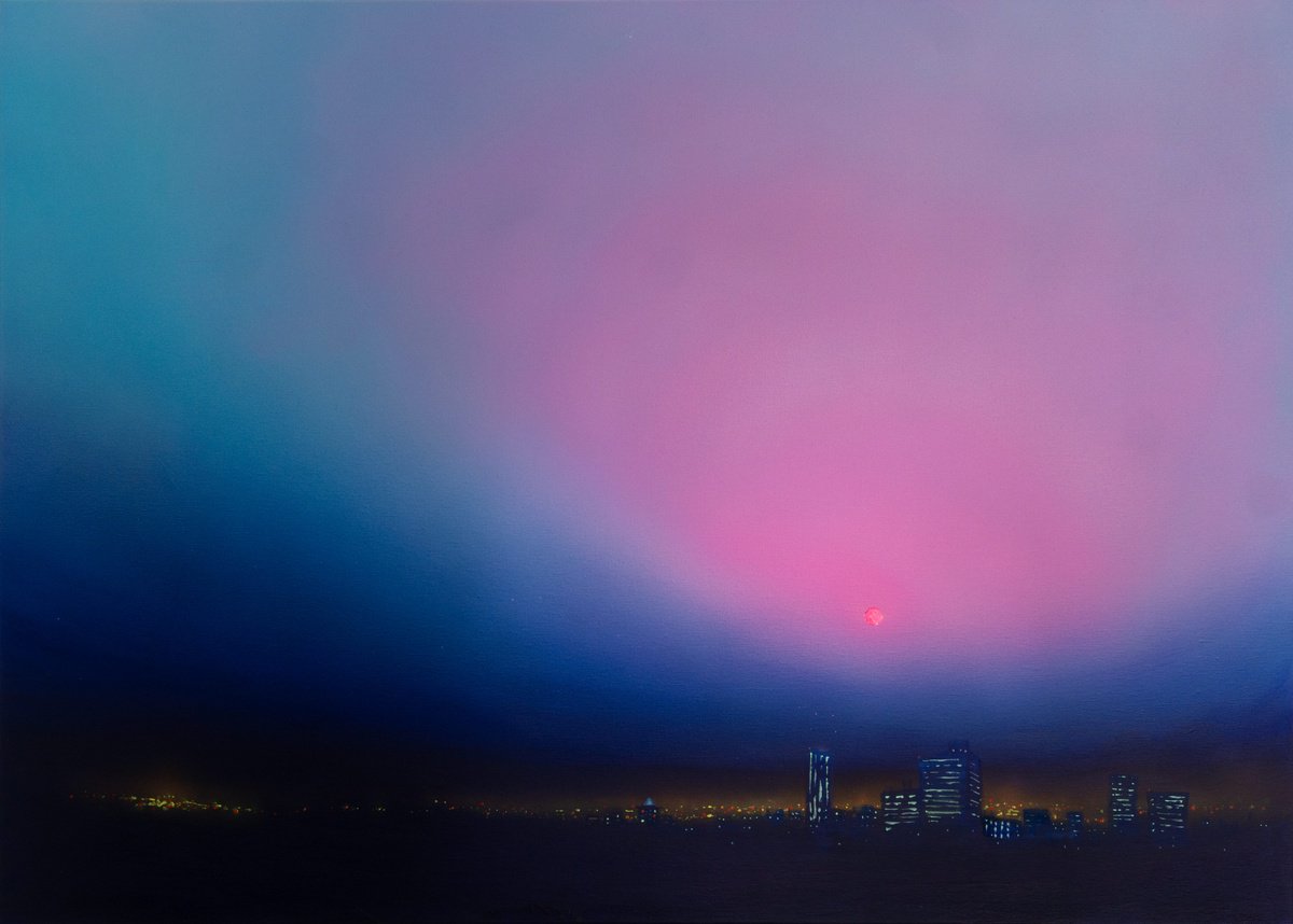 Naive Landscape Acrylic Painting By Bohdan Katolyk, 39 X 28, City In The Neon Dusk, Original Artwork