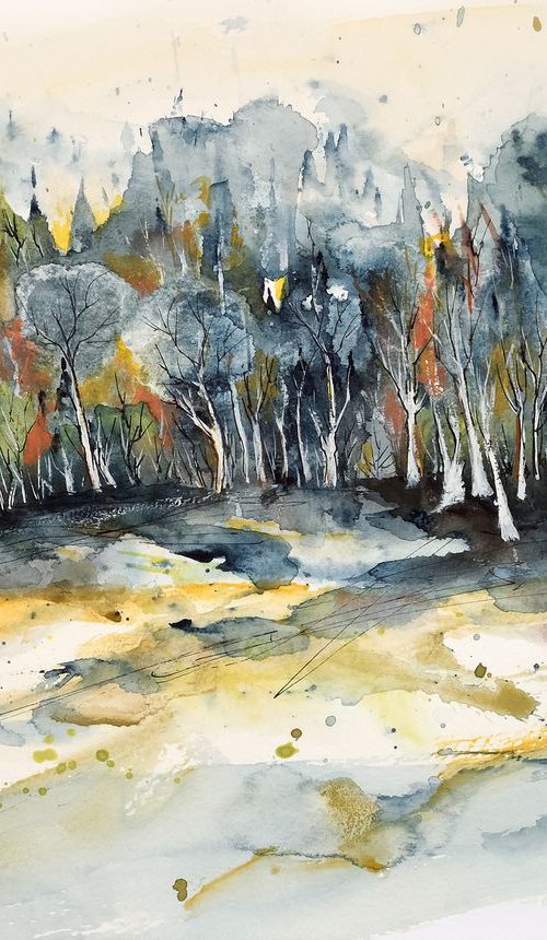 Deep forest - original watercolor and ink painting by Aniko Hencz