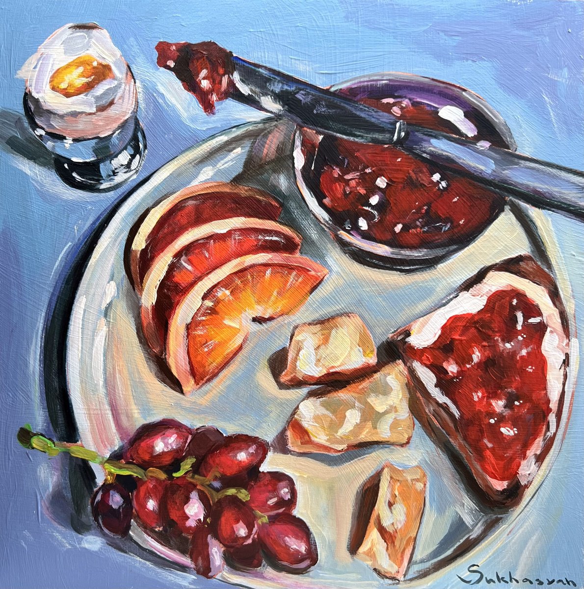 Impressionistic Still Life Acrylic Painting By Victoria Sukhasyan, 10 X 10", Le Petit-Dejeuner Still Life, Original Artwork