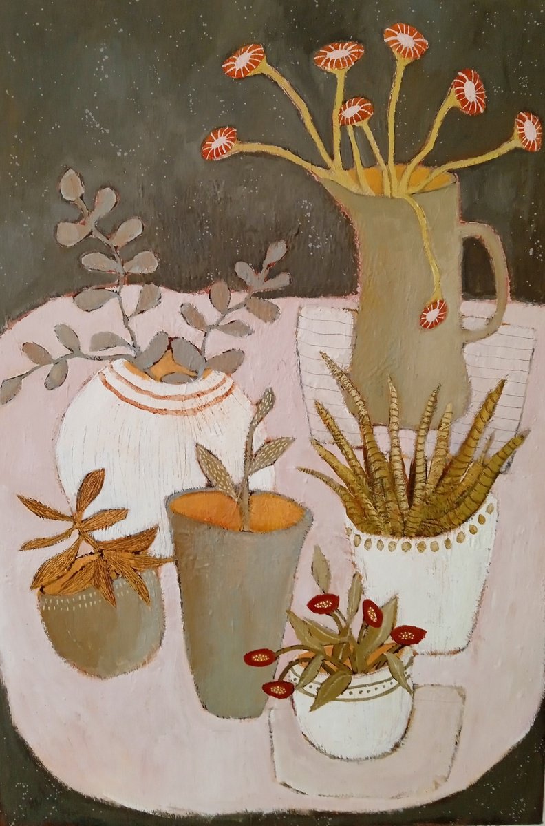 Naive Botanical Painting By Fiona Philipps, 24 X 35, Pot Plants And Flowers, Original Artwork
