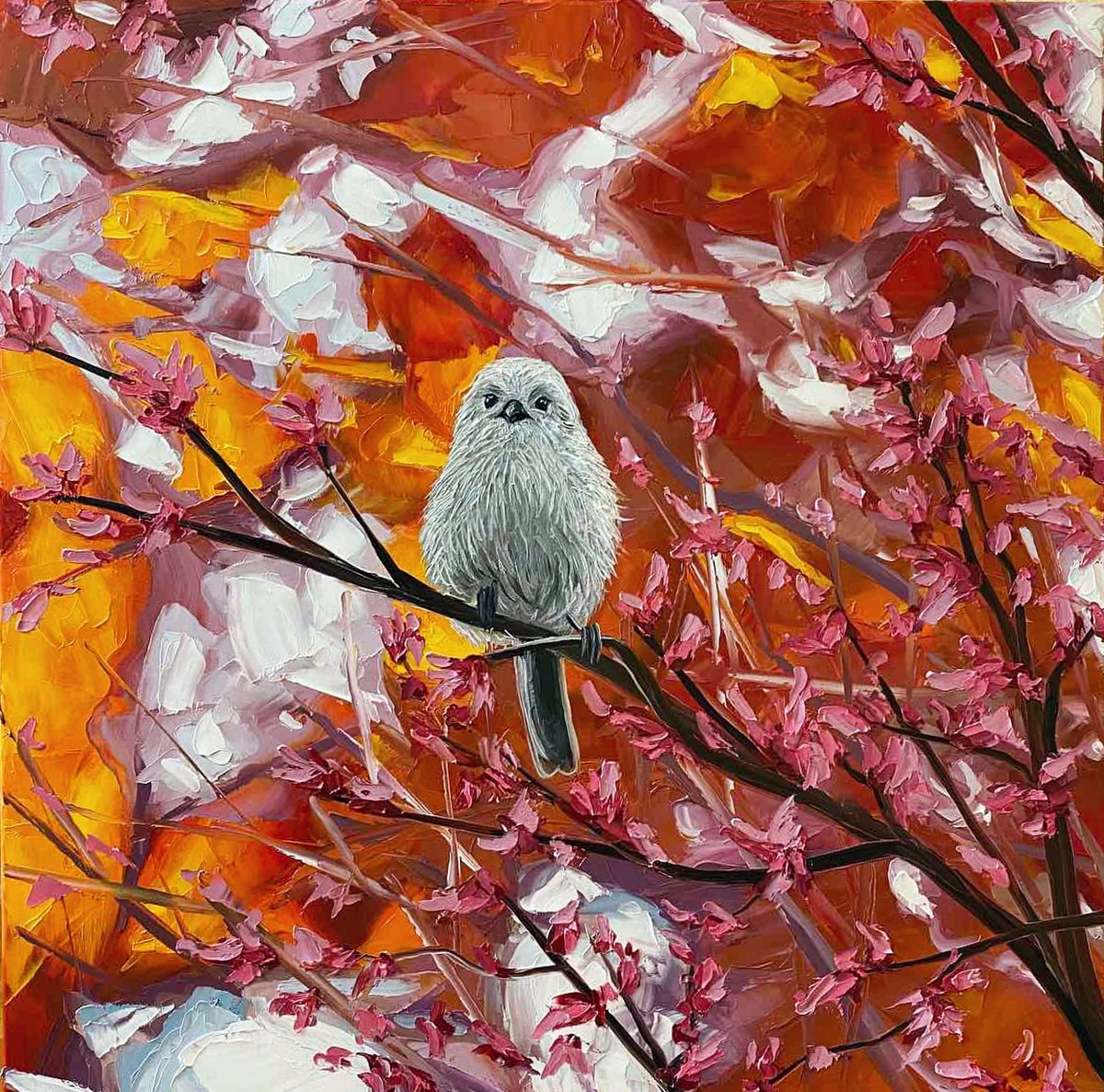 Impressionistic Animal Oil Painting By Elena Adele Dmitrenko, 20 X 20, Cute Little Bird, Original Artwork