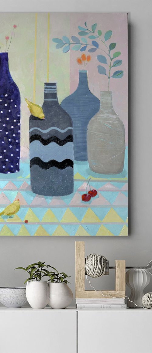 Still life with blue bottles and yellow birds by Alexandra Sergeeva