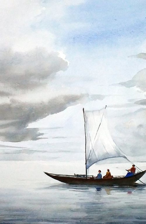 Cloudy River & Boat - Watercolor painting on paper by Samiran Sarkar