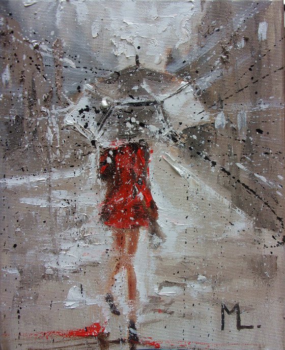 " RAINY SPRING ... "   street spring summer original painting CITY palette knife GIFT