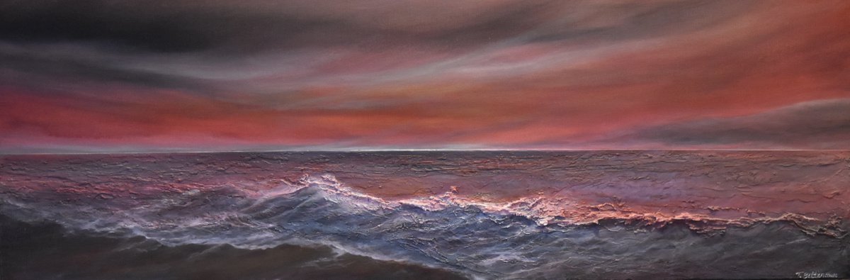 Impressionistic Landscape Painting By Tamara Bettencourt, 36 X 12", Shades Of Scarlet, Original Artwork