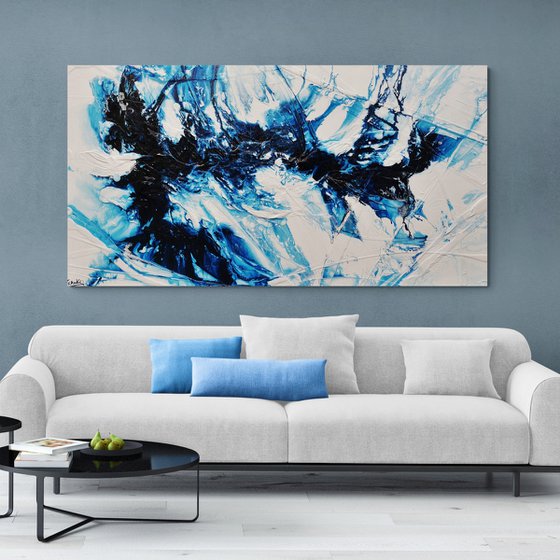 Hamptons Classic 190cm x 100cm Blue White Textured Abstract Art