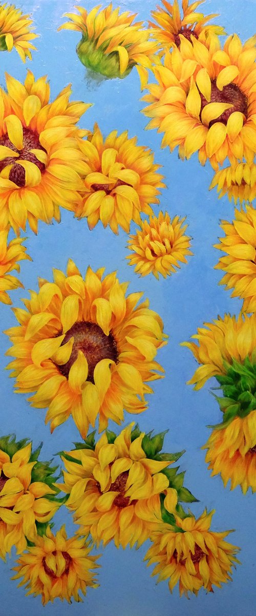 Sunflowers over the blue sky. by Anastasia Woron