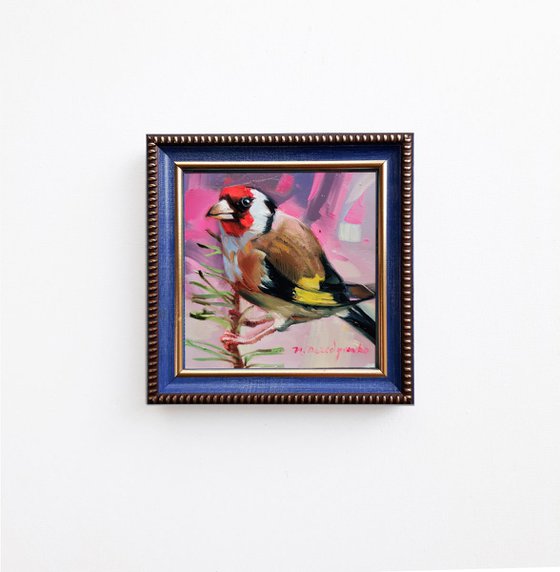 Original painting of birds 4x4, Goldfinch bird painting in blue frame, Framed art small birds