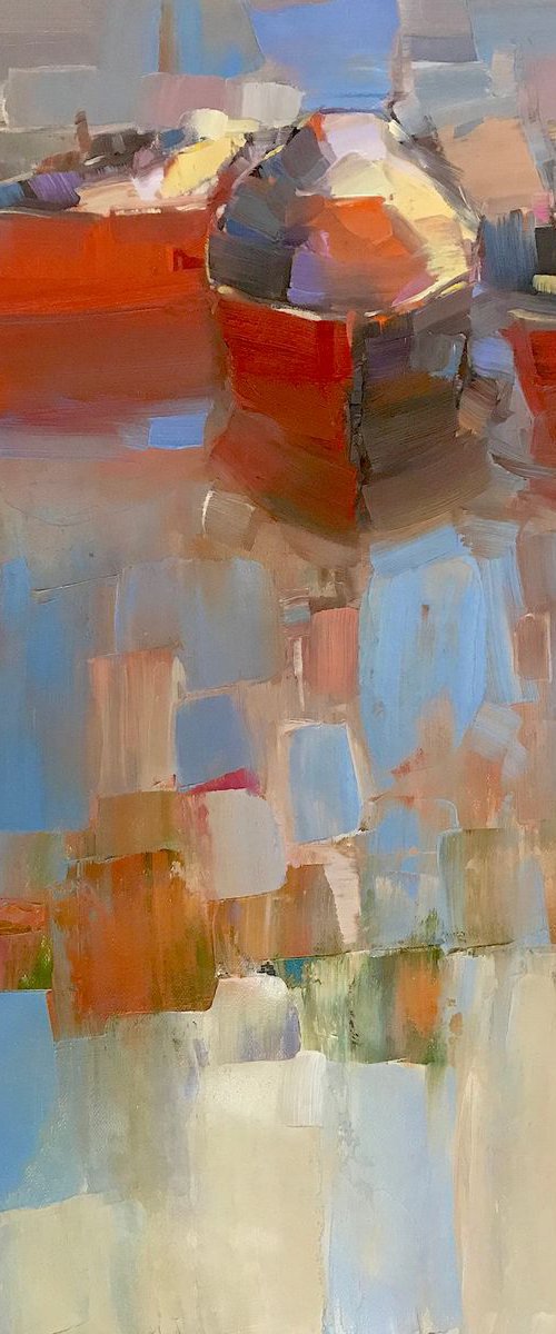 Red Boats, Original oil painting, Handmade artwork, One of a kind by Vahe Yeremyan