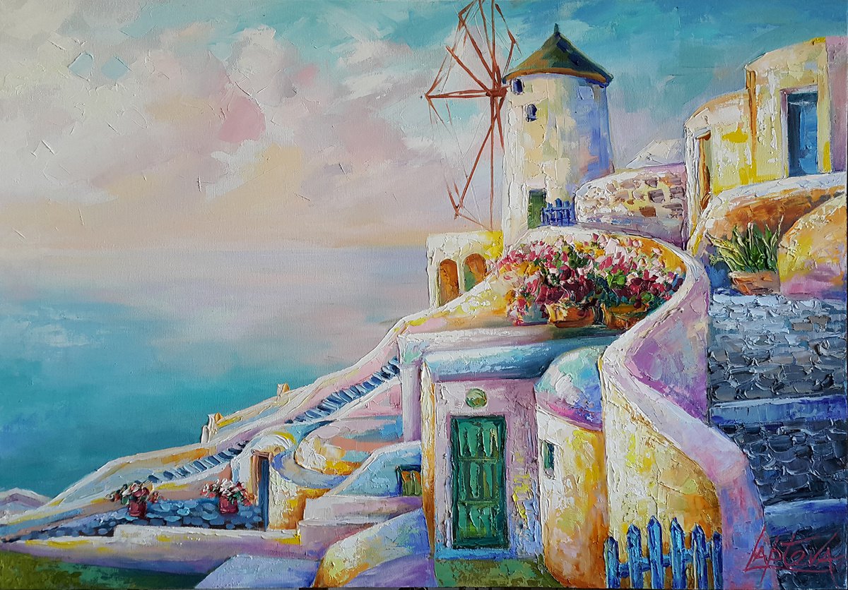Impressionistic Landscape Oil Painting By Viktoria Lapteva, 31 X 22", Santorini Greece, Original Artwork