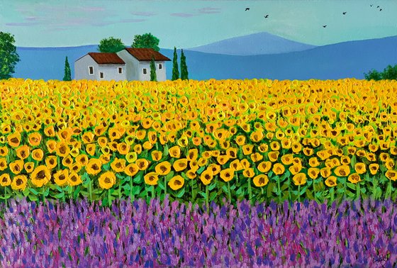 Sunflower and Lavender field! Country Landscape! House in the field! A3 size Painting on paper