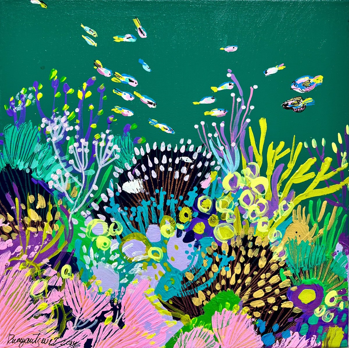 Impressionistic Abstract Acrylic Painting By Irina Rumyantseva, 16 X 16, Underwater Life, Original Artwork