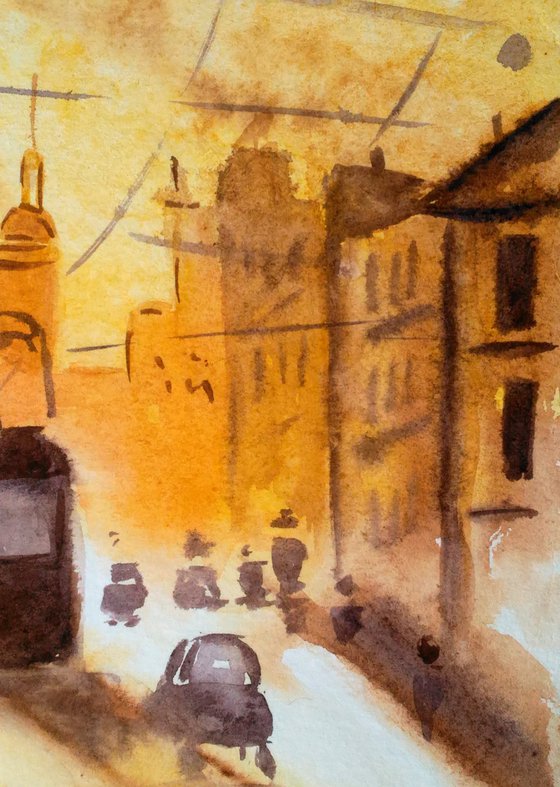 Lviv Painting Cityscape Original Art Ukraine Small Watercolor Artwork Home Wall Art 8 by 12" by Halyna Kirichenko