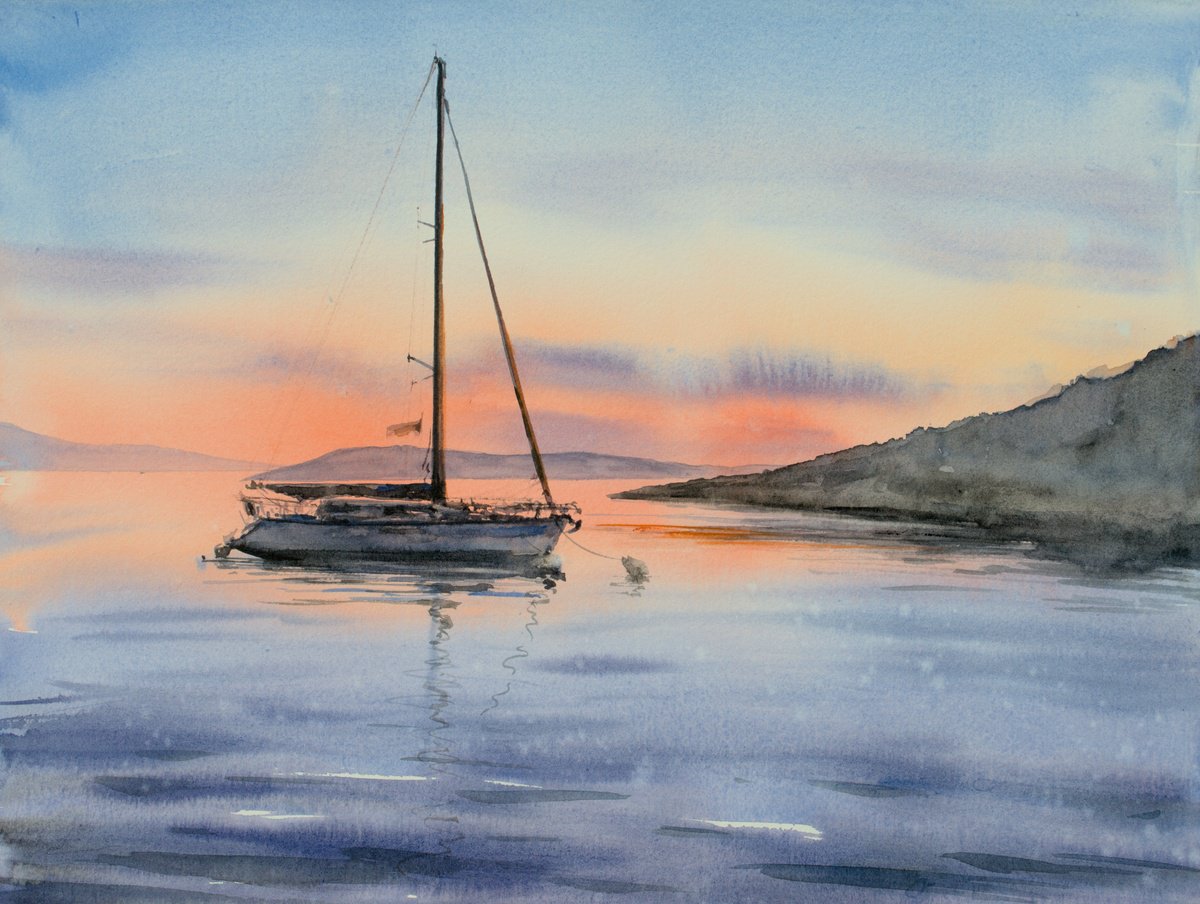 Impressionistic Landscape Watercolour By Eve Mazur, 16 X 12, After Sunset, Original Artwork