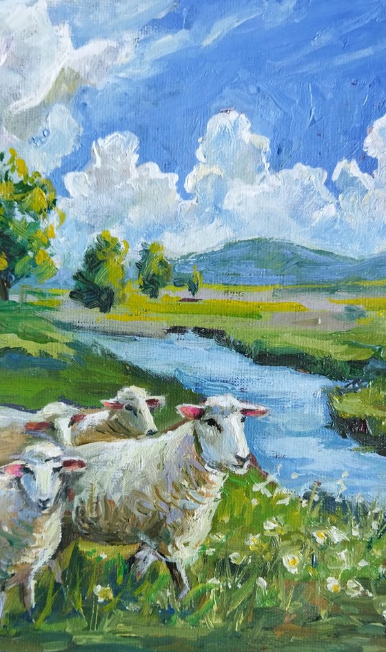Sheep by River Landscape