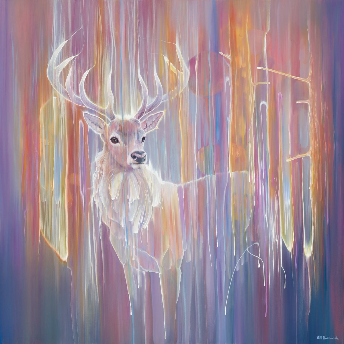 Abstract Animal Oil Painting By Gill Bustamante, 40 X 40, Stag Materializing, Original Artwork