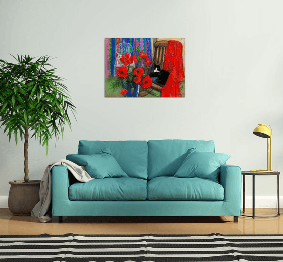 Black cat with Poppies