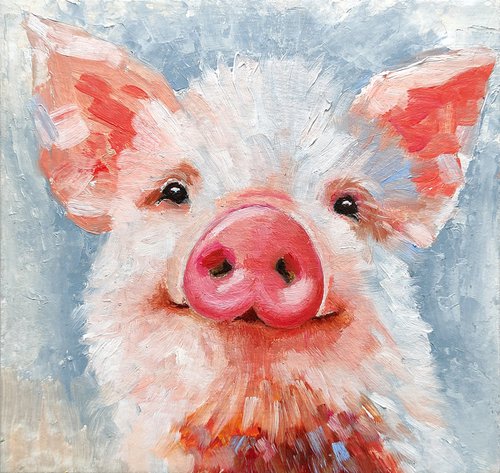 Little pig oil painting 15x15 cm by Yulia Berseneva