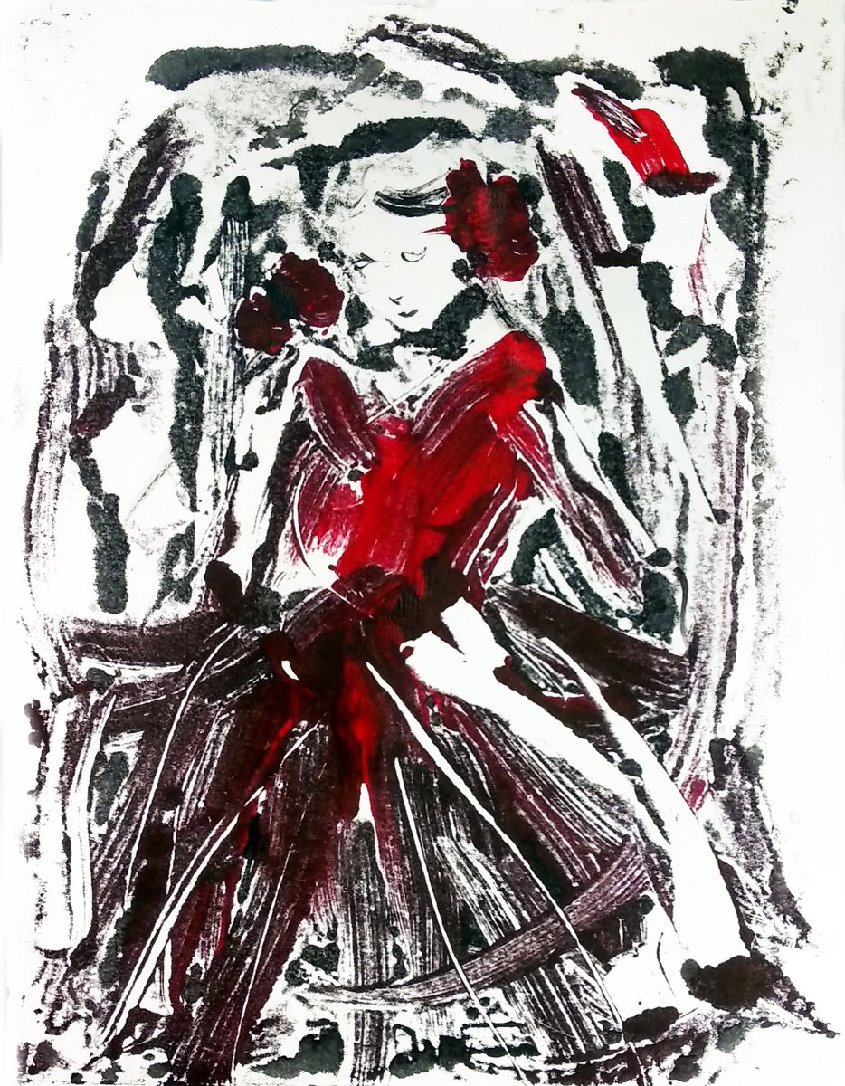 Woman in Red 2 Woman waiting - Monotype print by Asha Shenoy