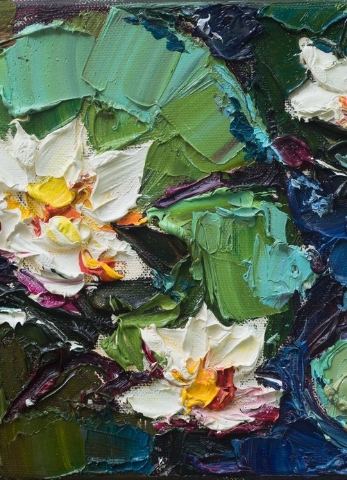 Water Lilies in pond  - Impasto Original Oil painting by Anastasiia Valiulina