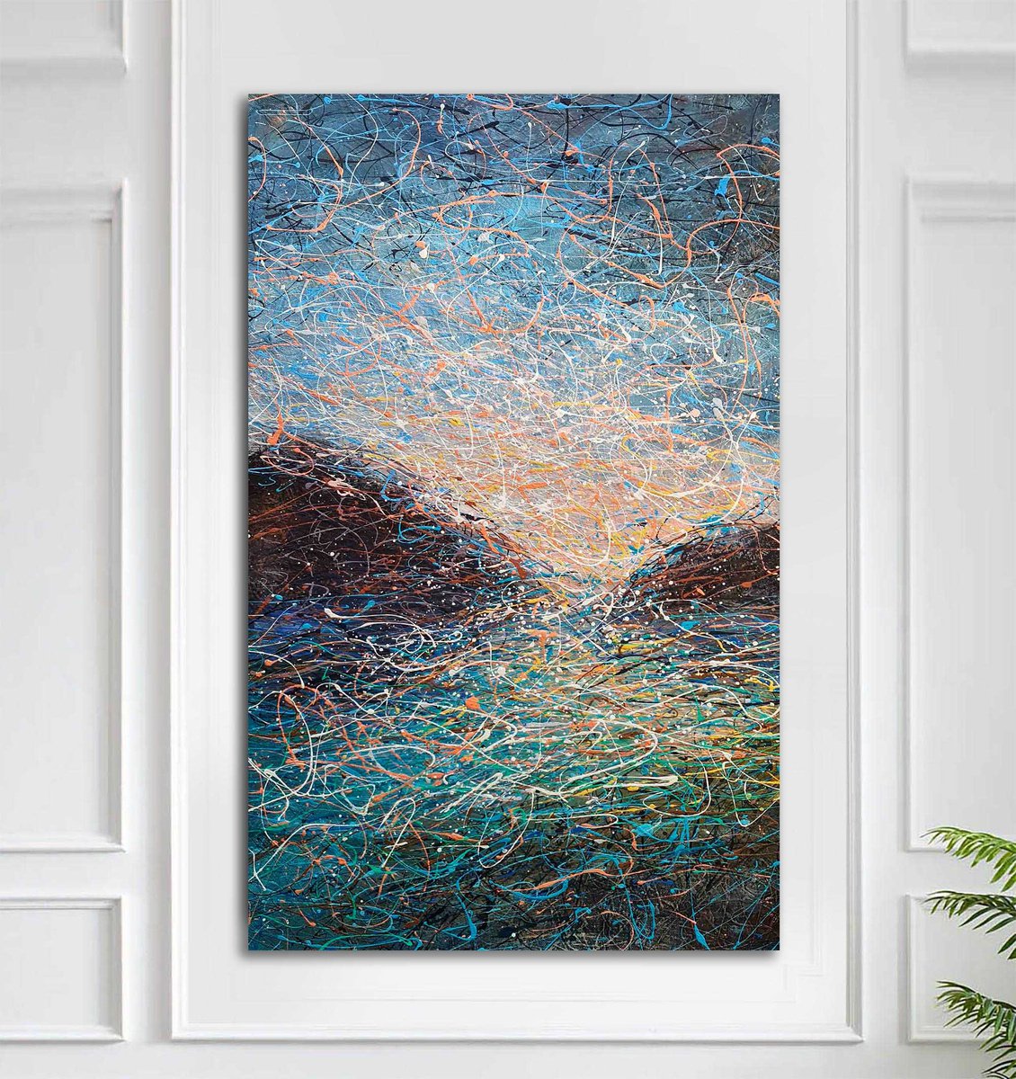 Calmness Landscape Morning sea painting Blue abstract art Mountains by Nadins ART