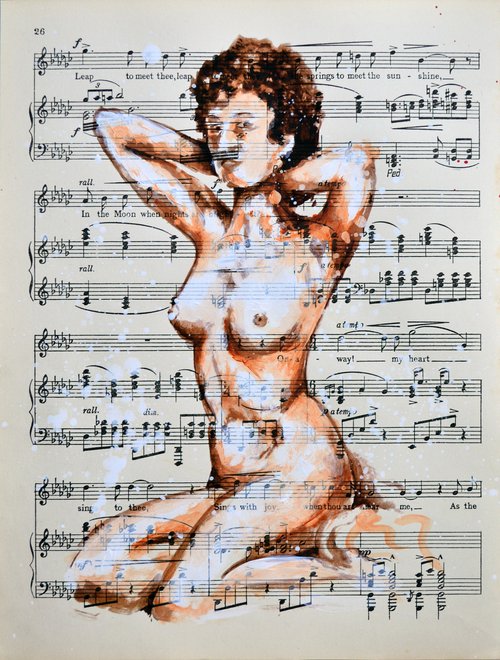 Nude 2 - Sitting Beauty - Collage Art on Vintage Music Sheet Page by Jakub DK - JAKUB D KRZEWNIAK