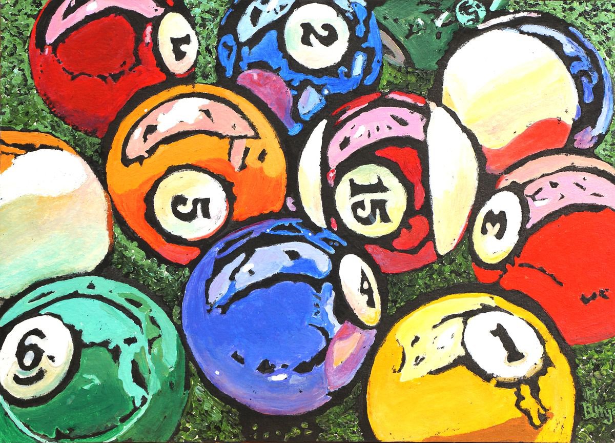 Pool Balls - Framed - Ready To Hang - Ink Resist Painting by Margaret Battye