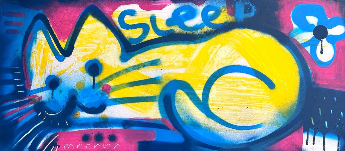 Expressive Animal Acrylic Painting By Angel Rivas, 35 X 16, Cat, Original Artwork