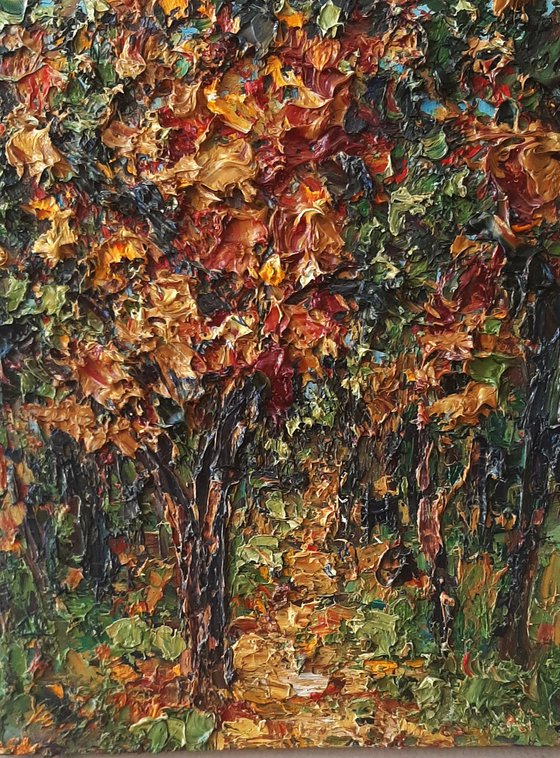 Autumn Woods - semi abstract impasto treescape