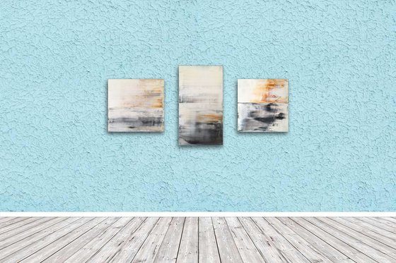 "Neutralized" - Original PMS Abstract Triptych Acrylic Paintings On Reclaimed Wood - 37" x 19"