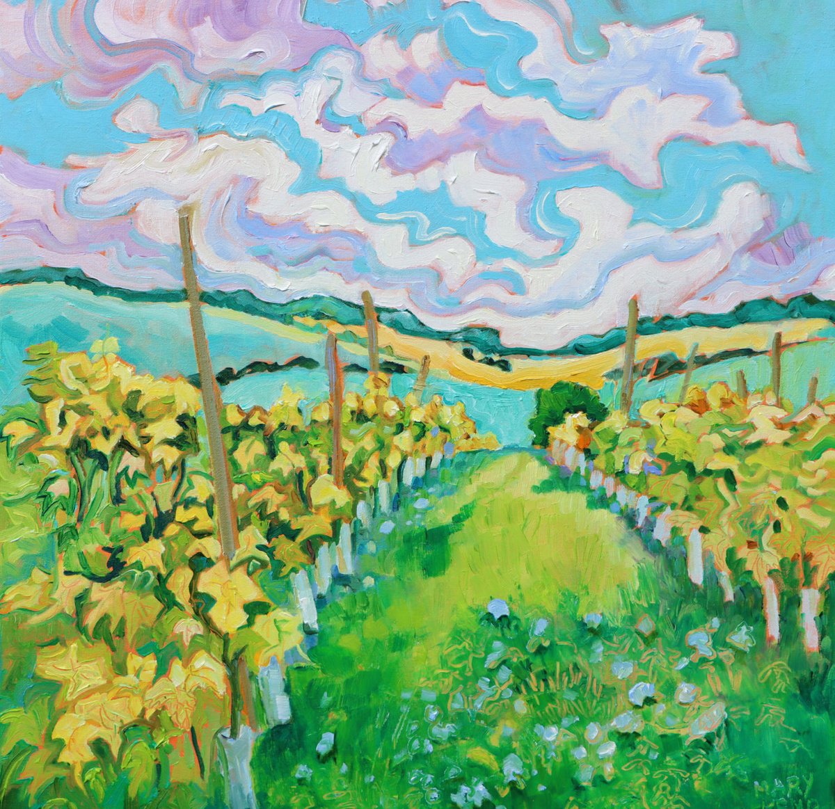 Impressionistic Landscape Oil Painting By Mary Kemp, 16 X 16", Rainy Rutland Vineyard #2, Original Artwork