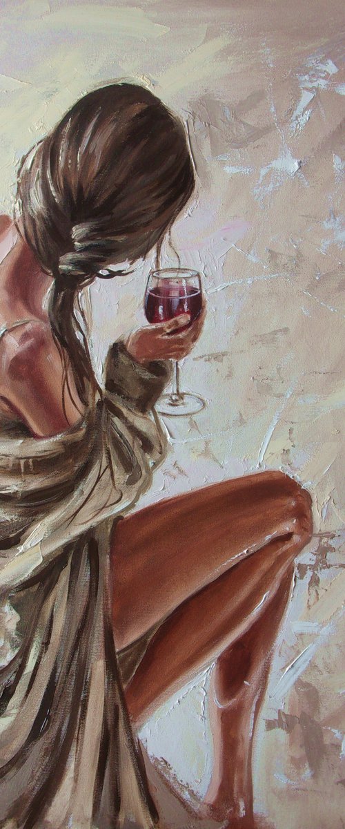 " GLASS OF RED WINE ... "- liGHt ORIGINAL OIL PAINTING, GIFT, PALETTE KNIFE nude WINDOW by Monika Luniak