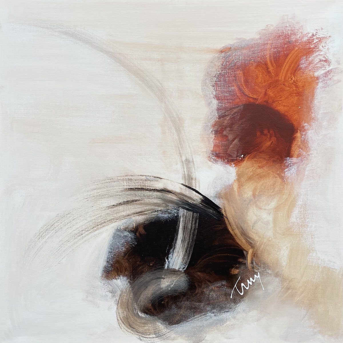 Abstract Acrylic Painting By Tiny De Bruin, 31 X 31", Raw Energy In Burned Sienna, Original Artwork