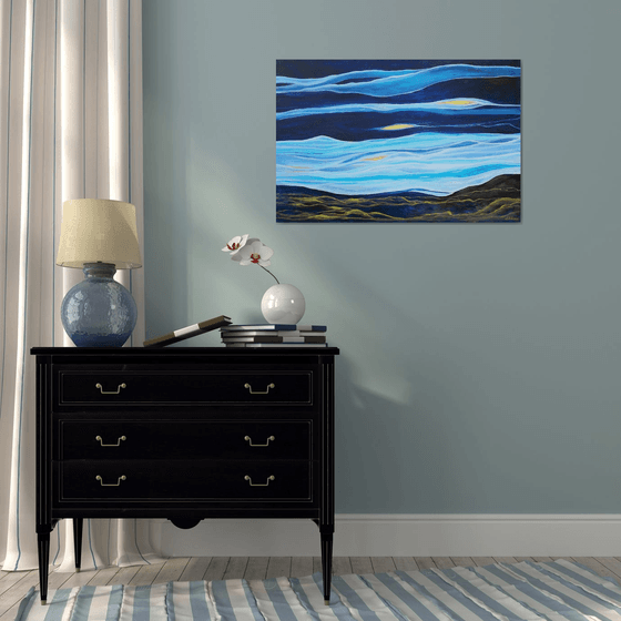 Large Abstract Seascape Painting. Ocean Waves. Blue and Gold Abstract Landscape Painting