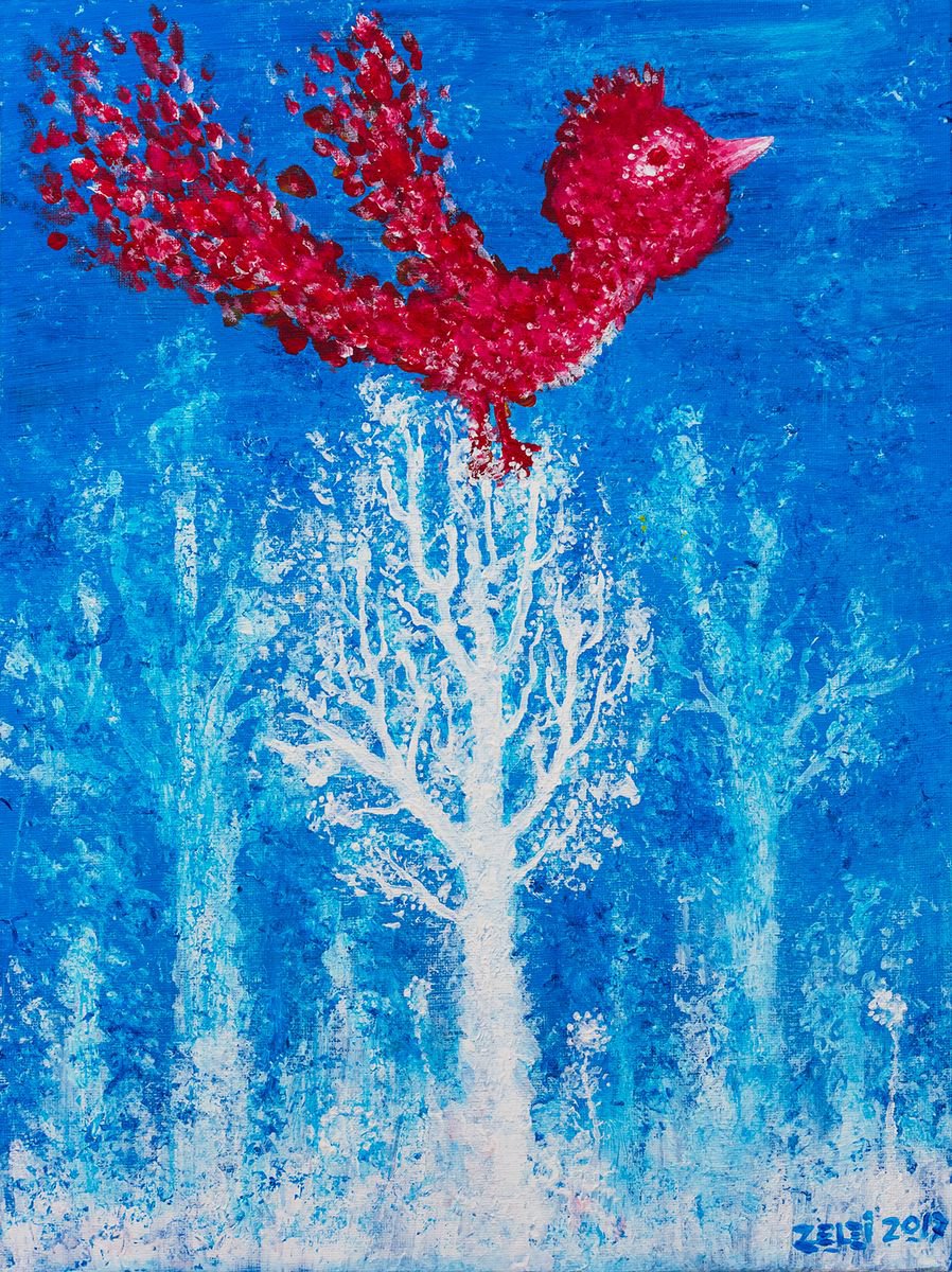 Impressionistic Abstract Acrylic Painting By Peter Zelei, 12 X 16", Red Bird, Original Artwork