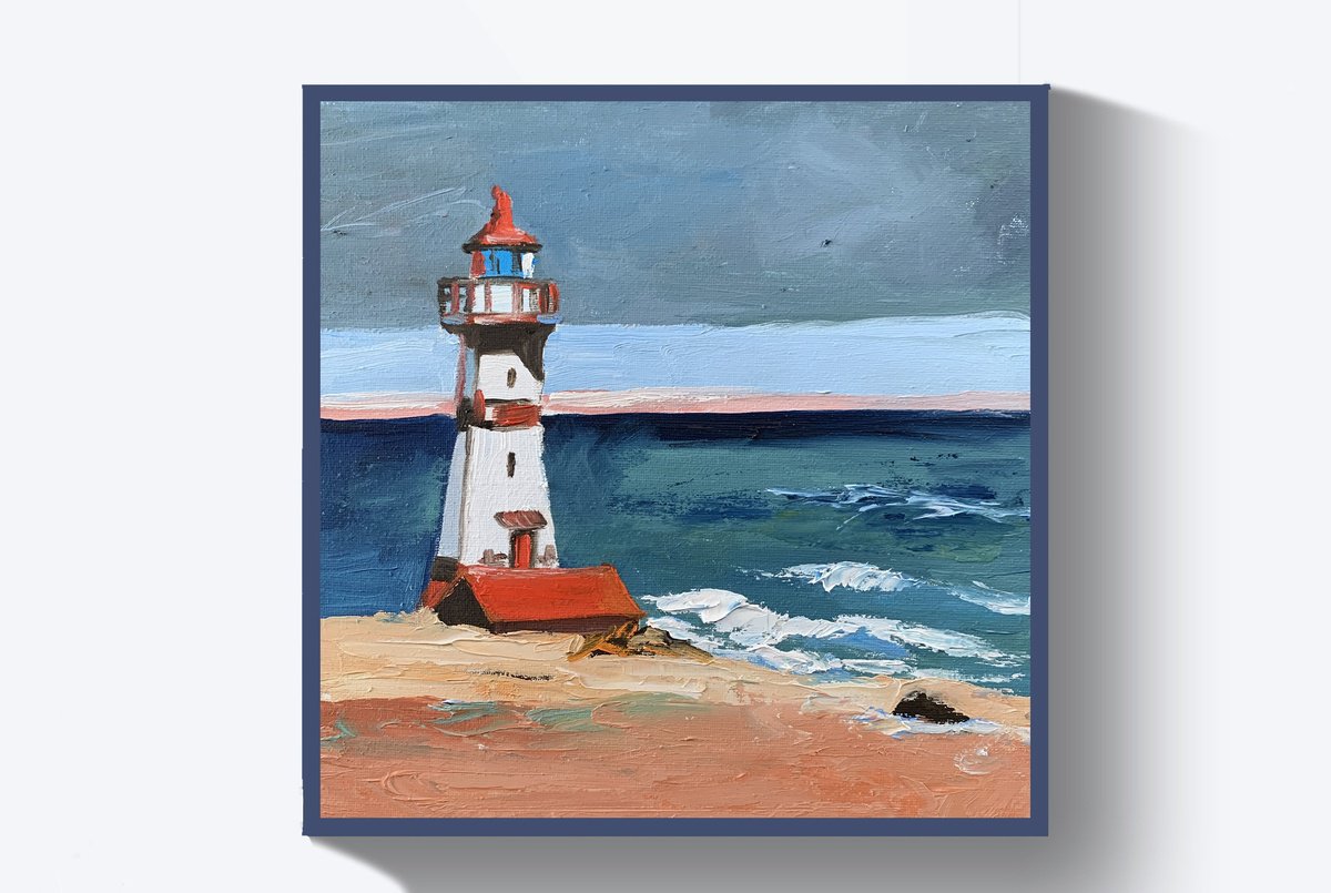 Impressionistic Landscape Oil Painting By Vita Schagen, 10 X 10", Lighthouse., Original Artwork