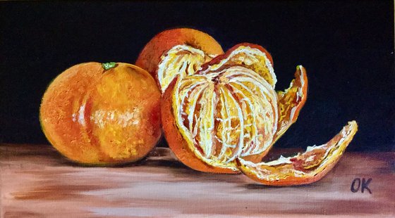 Still life with peeled Oranges. Oil painting.