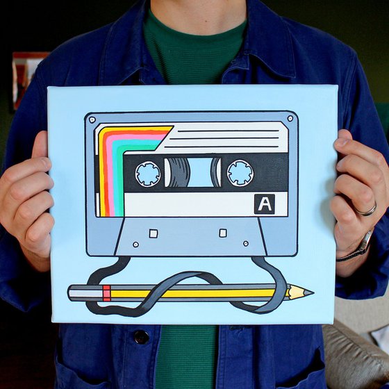 Cassette Tape and Pencil Retro Pop Art Painting On Canvas