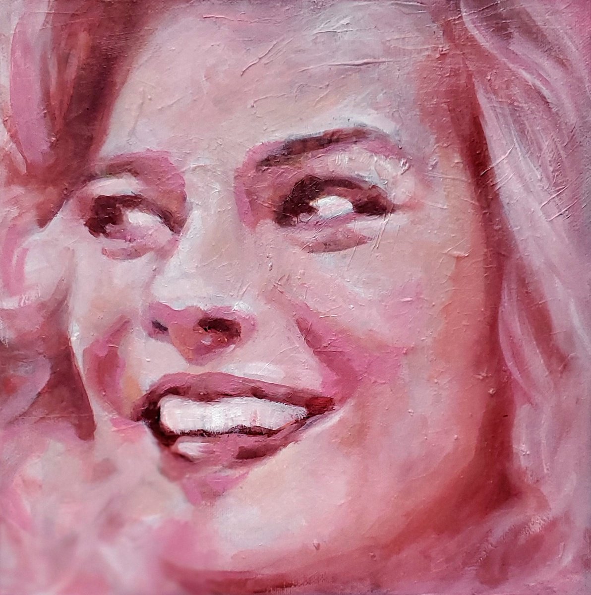 Expressive Portrait Oil Painting By Sal Jones, 10 X 10", A Little Pink, Original Artwork