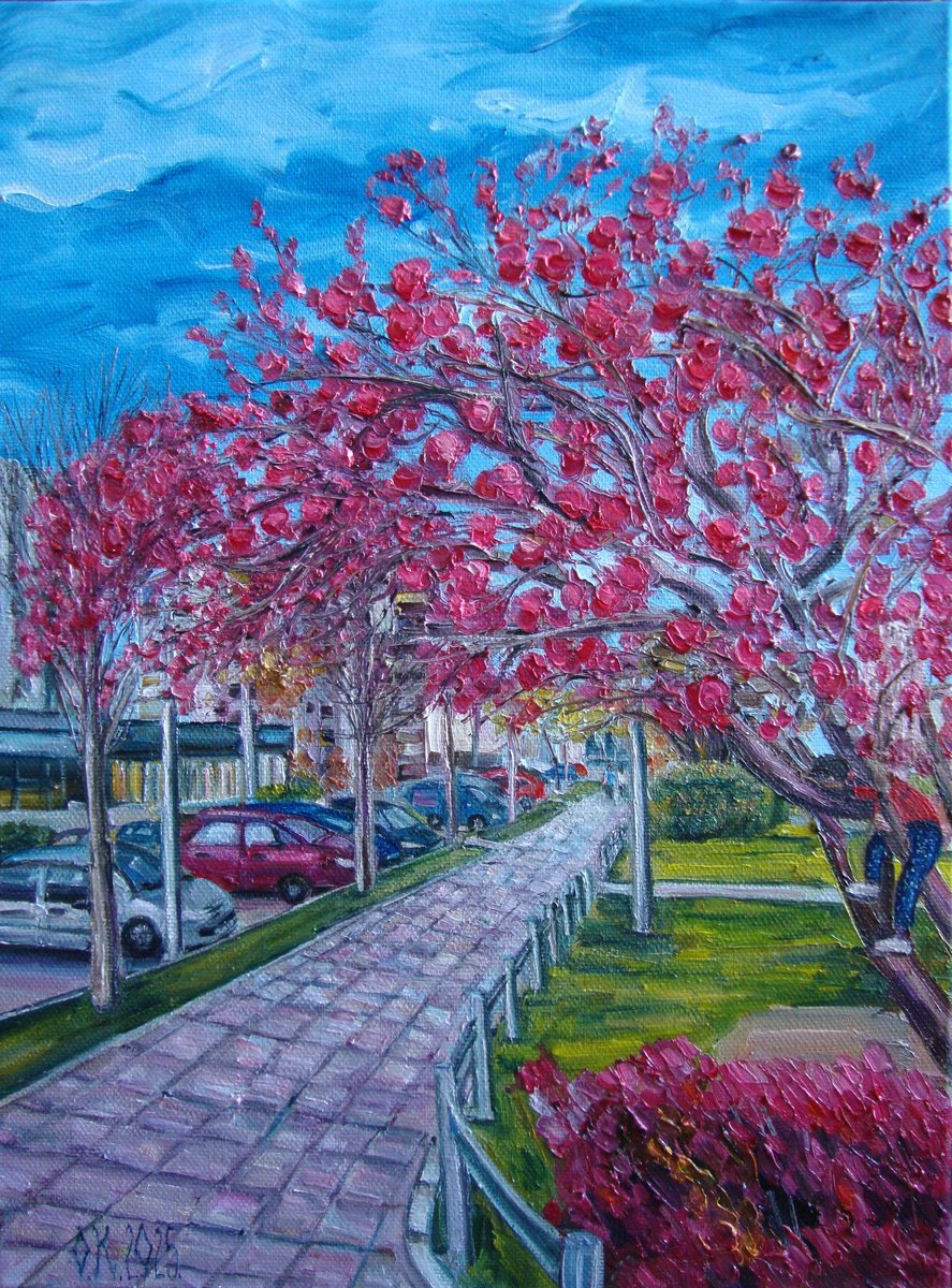 Impressionistic Landscape Oil Painting By Olga Knezevic, 12 X 16", Red Spring, Original Artwork