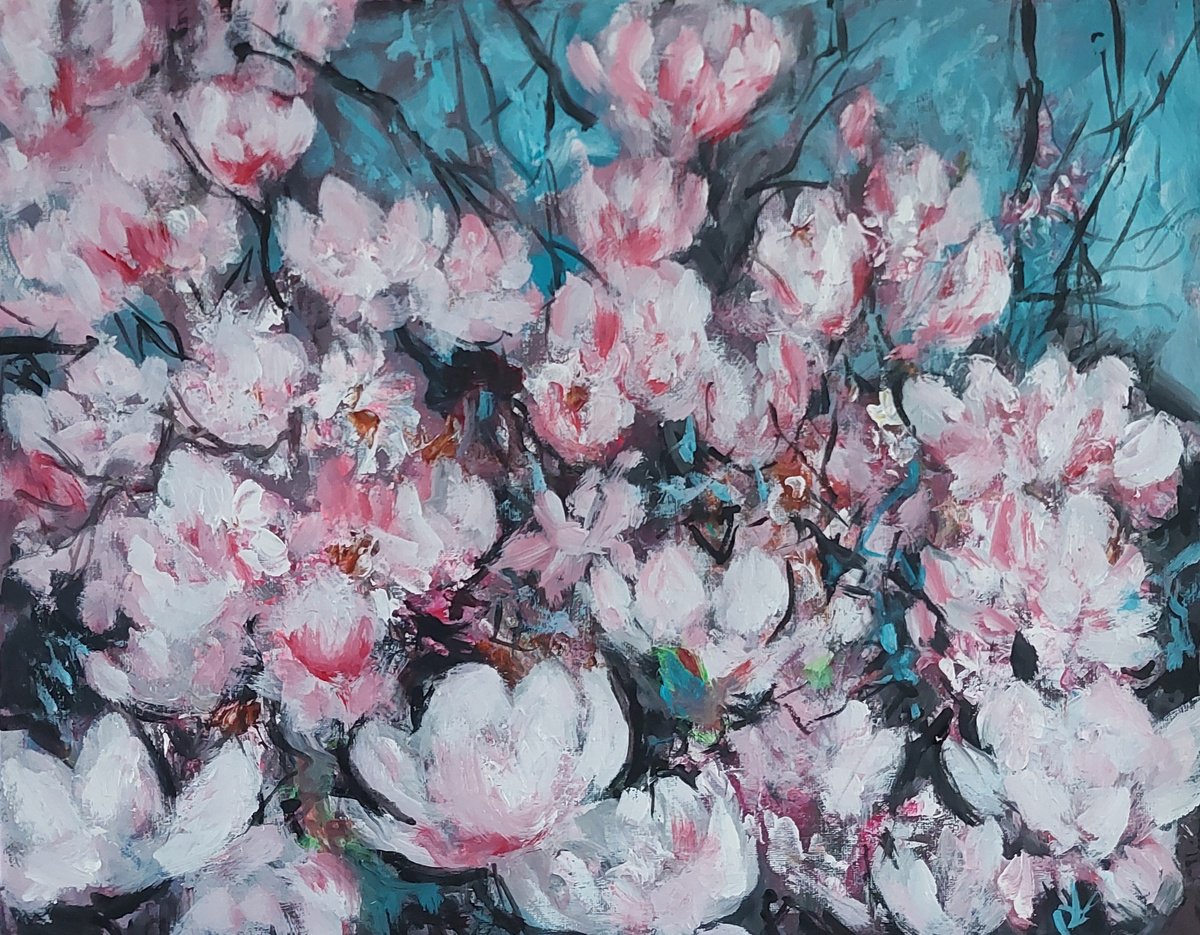 Impressionistic Botanical Acrylic Painting By Els Driesen, 20 X 16, Magnoliatree, Original Artwork