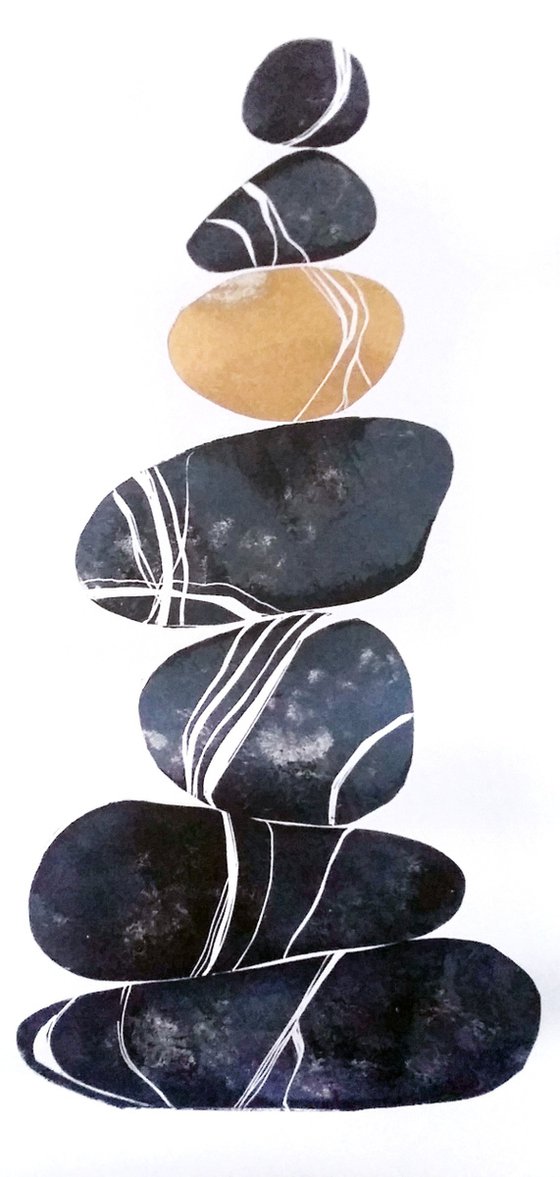 Zen stones (seven stones - banded balancing stones lino/monoprint)